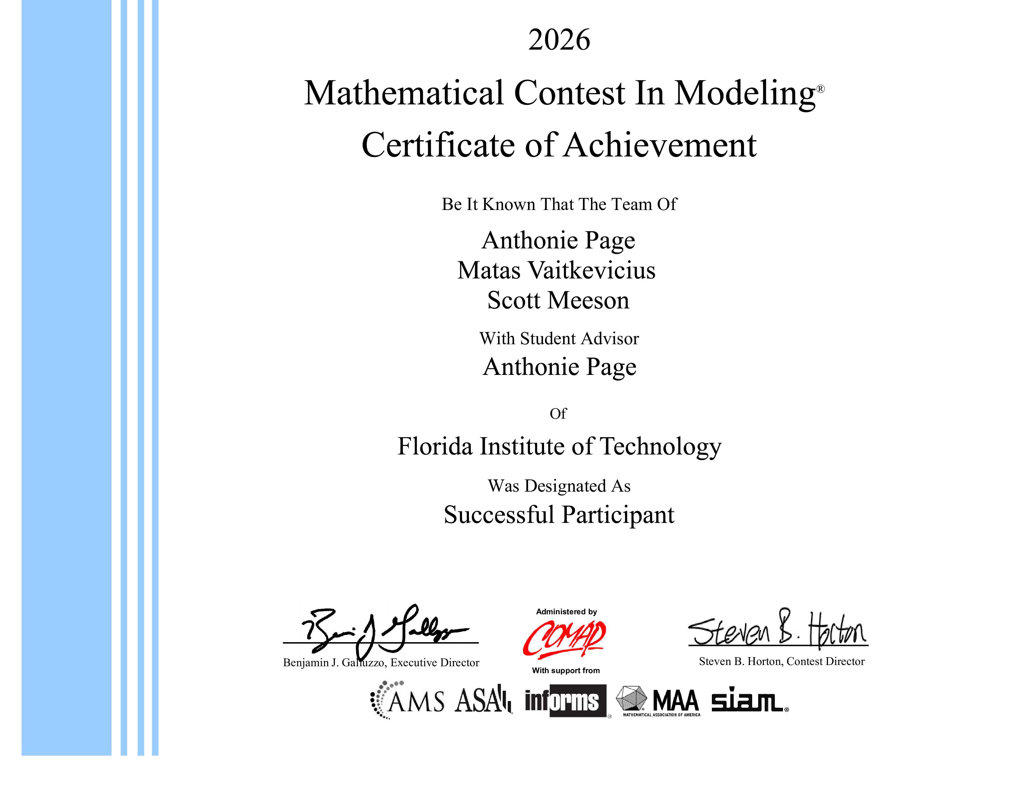 2026 Mathematical Contest in Modeling - Successful Participant Certificate