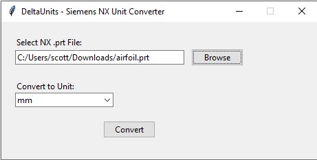 DeltaUnits GUI - File selected, converting to mm